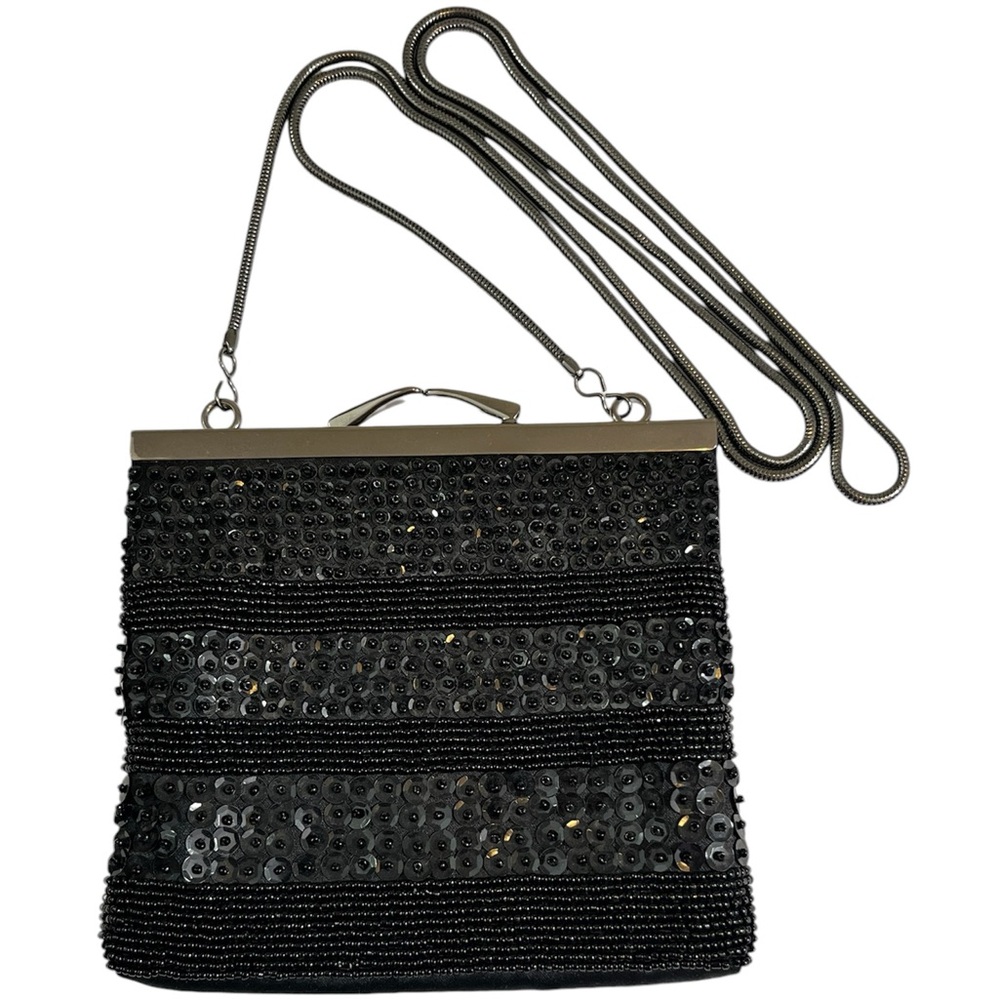 Sequin Beaded Evening Bag by LOFT, Black Satin, Shoulder Strap or Clutch Style